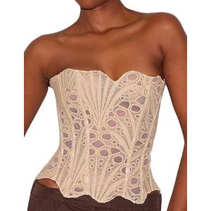 Seyumixi Floral Lace Corset Top for Women Sweetheart Neck Strapless Bustier Hollow Out Textured Mesh Overbust Corset (L, Tie Up Brown)