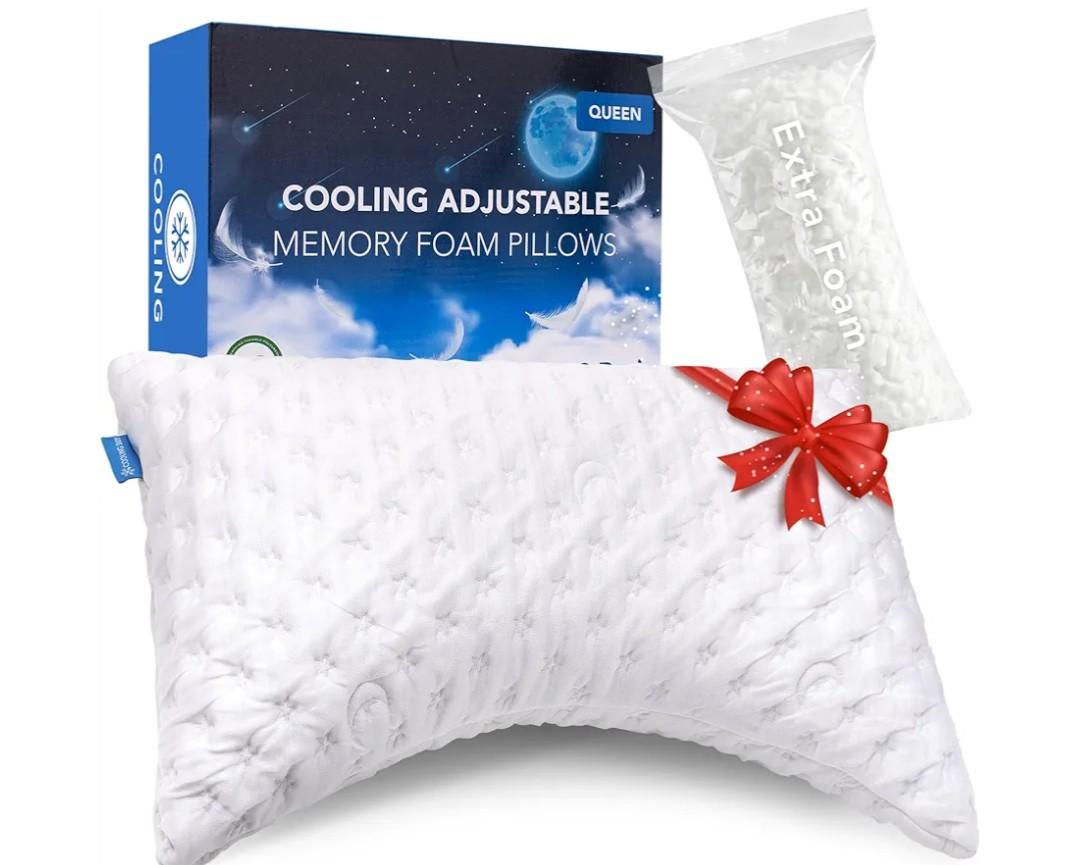 Cooling Side Sleeper Pillow for Neck and Shoulder Pain, Luxury Shredded Memory Foam Curved Bed Pillows for Sleeping Set of 1- Adjustable Queen Size- Washable Cover Crescent White