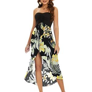 Strapless Dresses for Women Summer Sundress Casual Floral Beach Coverups Dress.(Black Yellow Flowers,M)
