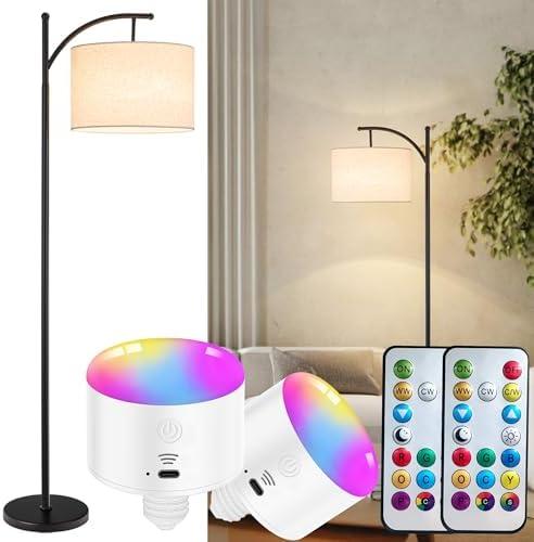Battery Operated Cordless Lamp with Remote Control - Dimmable Modern Tall Standing Lamp with Linen Shade - 3 Color Temperatures LED Bulb Included