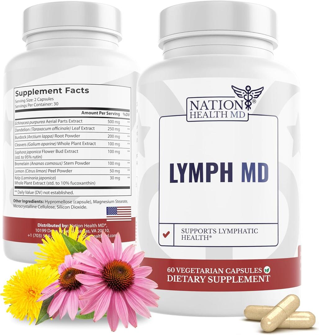 Lymph MD - Lymphatic Drainage Supplement - with Bromelain, Echinacea, Burdock Root, Dandelion, Rutin, Kelp & More - Lymph System Support for Women & Men - 60 Capsules (60 Count (Pack of 1)), EXP Date 08/2027