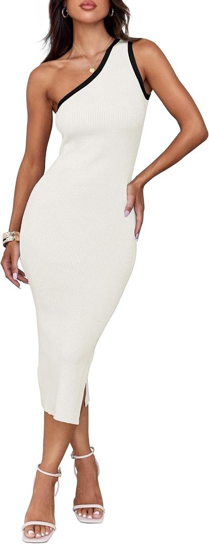 ZESICA Women's 2026 Summer Sleeveless Knit Bodycon Midi Dress One Shoulder Beach Vacation Sweater Dresses (L)