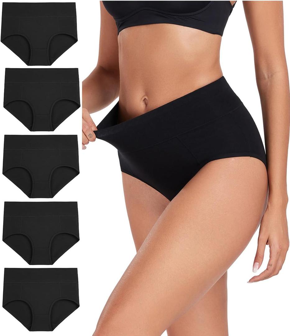 wirarpa Women's Cotton Underwear High Waist Stretch Briefs Soft Underpants Ladies Full Coverage Panties 5 Pack (Small, Dark Black)
