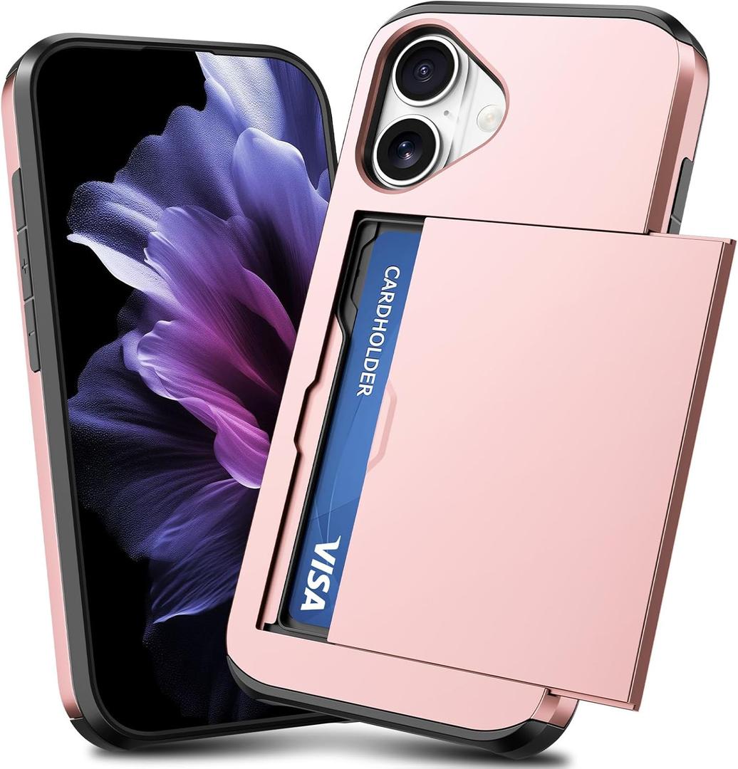 TOPAUX for iPhone 17 Wallet Case Slim Credit Card Holder Slot Slide Cover Back Pocket Compartment Dual Layer Shock Absorption Rugged Bumper Anti-Scratch Protective Hard Shell for iPhone 17 Rose Gold