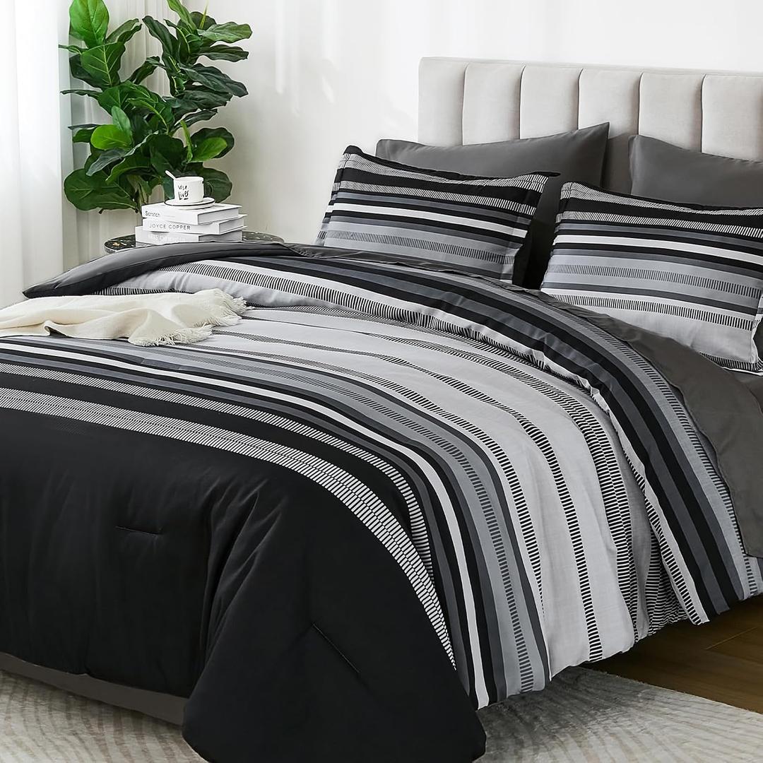 Dobuyly Black Comforter Full Size Set 7 Pieces, Boho Striped Grey Bed in a Bag Full Soft Microfiber Bedding Set for Mens with Comforter, Sheets, Pillowcases & Shams All Season