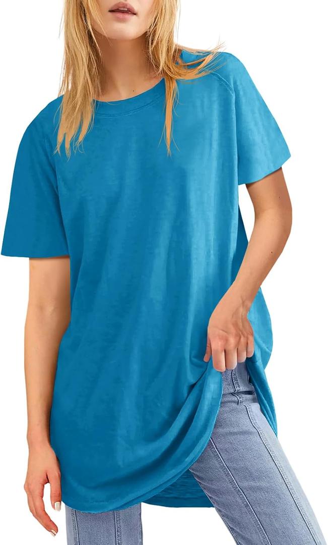Fisoew Womens Oversized T Shirts Short Sleeve Tunic Tops Crew Neck T-Shirts Summer Casual Loose Fit Basic Tee (Blue, L)