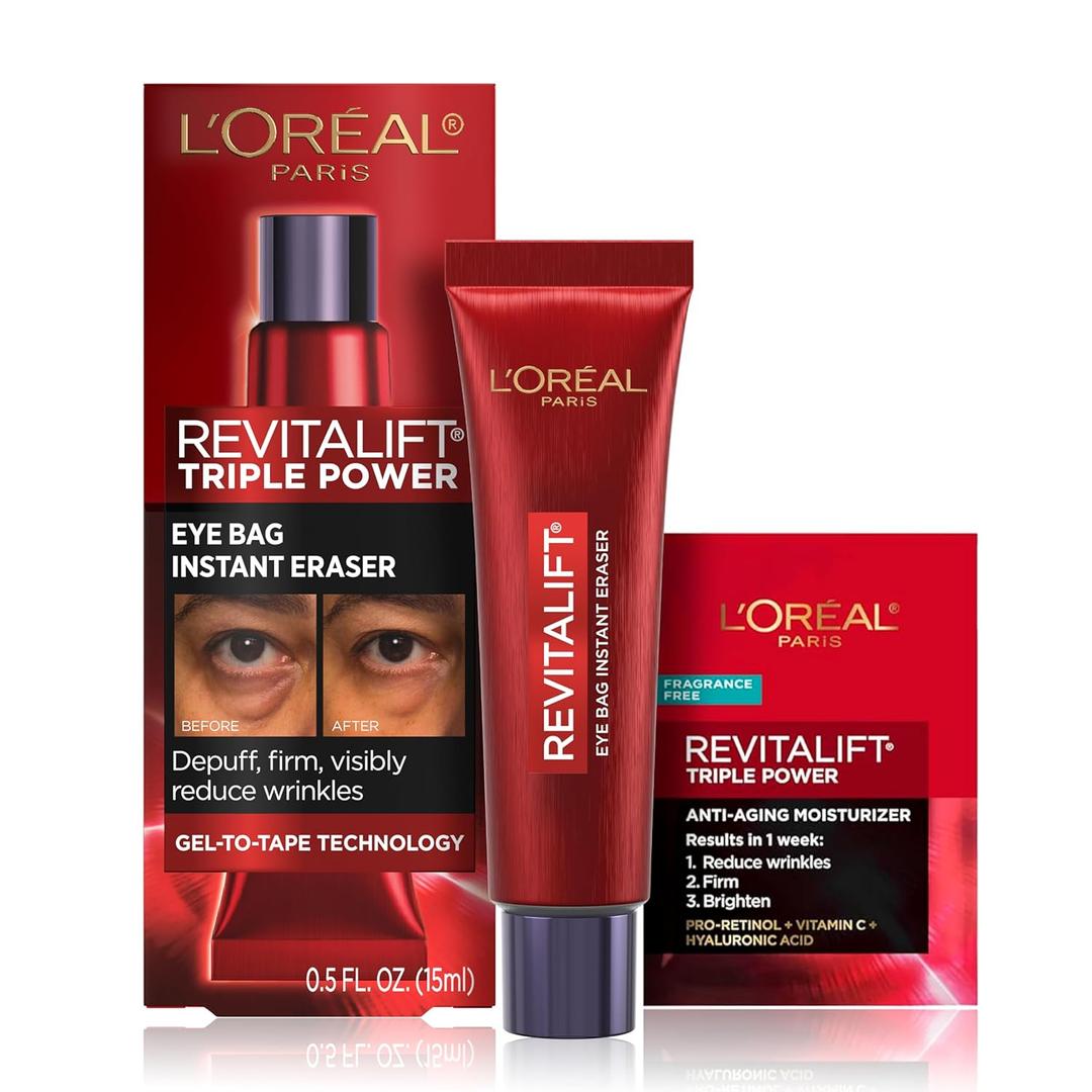L'Oreal Paris Revitalift Triple Power Eye Bag Instant Eraser, Eye Tightener Treatment to Firm Bags, 0.5 oz + Sample