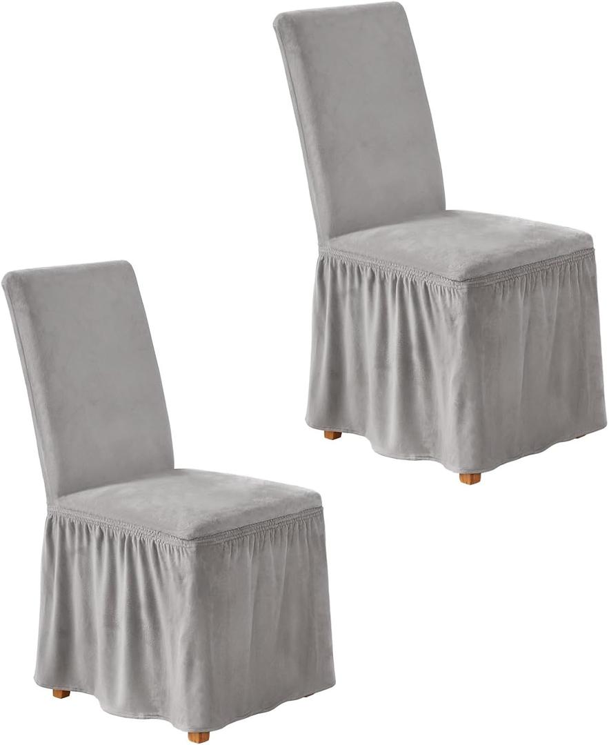 NICEEC Spandex Chair Covers for Dining Chairs Covers Set of 2 Removable Dining Room Chair Covers with Skirt Parson Chair Slipcovers Washable Chair Protector for Kitchen Wedding Party(Light Grey)