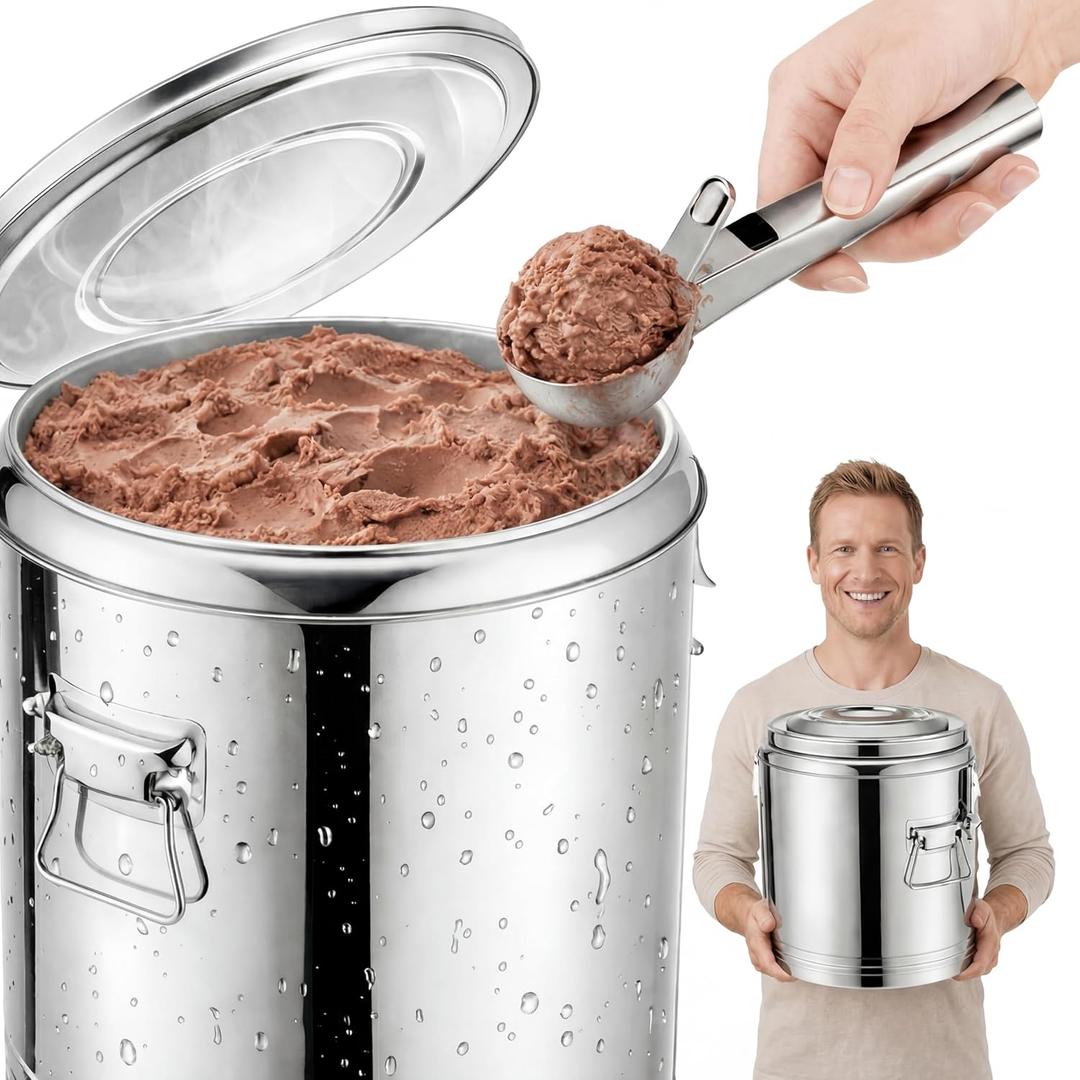4 Gallons Ice Cream Server Insulated Crock with Lid and Scoop, Stainless Steel Ice Cream Tub Container Buckets for Business Foodservice Cooler Gelato Bar and Cart Kitchens Restaurants Party