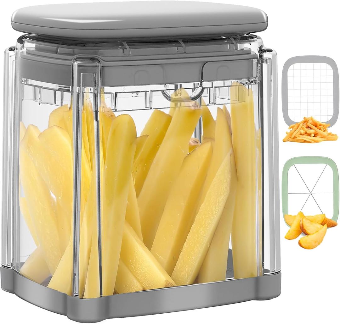 Solucky French Fry Cutter, 2-in-1 Potato Cutter For Fries, Potato French Fry Onion Chopper, Carrots Cucumbers Veggie Zucchini Dicer Apple Slicer, 2 Blades(NOT For Sweet Potatoes) (Chelsea Gray)
