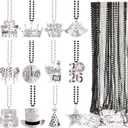 36 Pcs New Year Beads Necklaces with Pendant Black Silver Happy New Year Beads Necklaces for 2026 New Years Eve Party Favors Supplies, 12 Styles