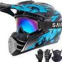 Youth Kids Motocross Helmet, ATV Dirt Bike Helmet, Off-Road BMX 4-Wheeler Full Face Motorcycle Helmet W/Goggles Gloves & Mask, DOT Approved (Bright Blue, Large)