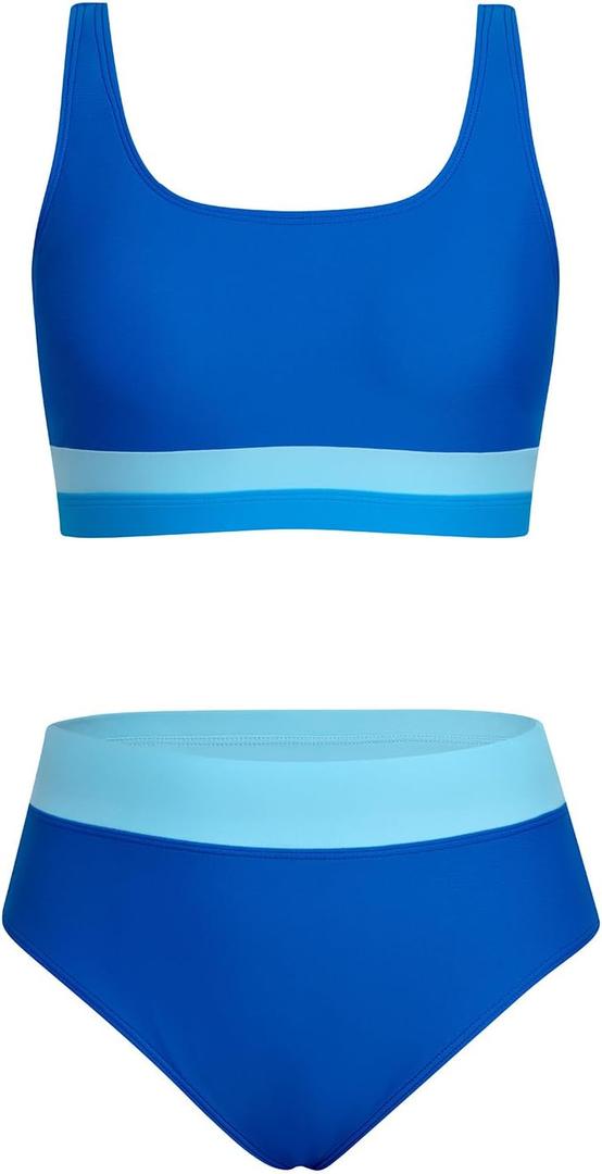 Alakuoti Girls Swimsuit Color Block Adjustable Straps Bikini Sets Teen Girl Two Piece Bathing Suits with Chest Pad Size 16, Blue