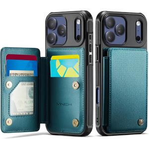 Vinich for iPhone 17 Pro Wallet Case with Card Holder, RFID Blocking Credit Slots Kickstand Shockproof Phone Cover Fit for iPhone 17 Pro 6.3" Bluish Green