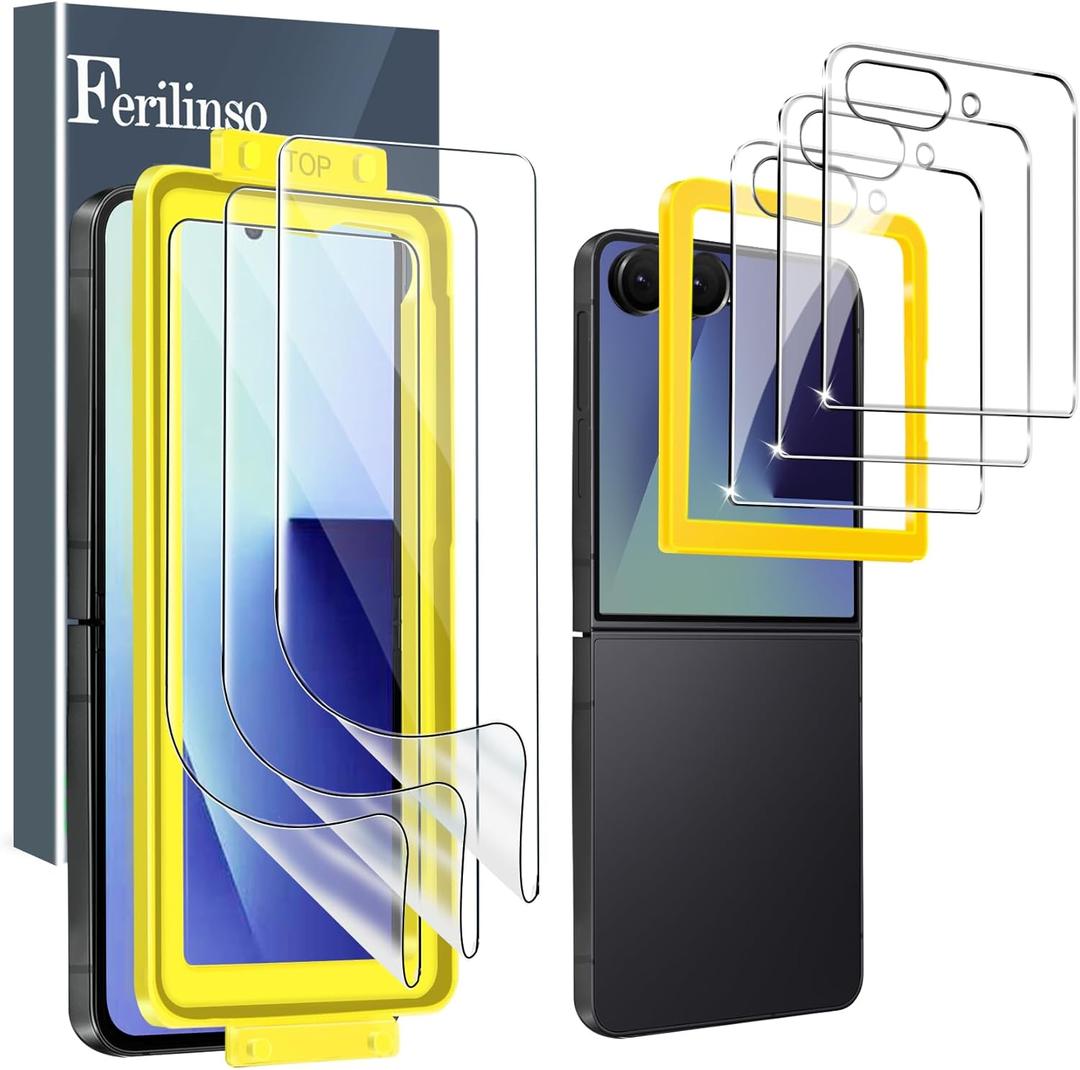 Ferilinso [Auto Dust Install] 3 Pack Inside Screen Protector for Samsung Galaxy Z Flip 7 [Phone Case Friendly], with 3 Pack Back Tempered Glass Film Accessories