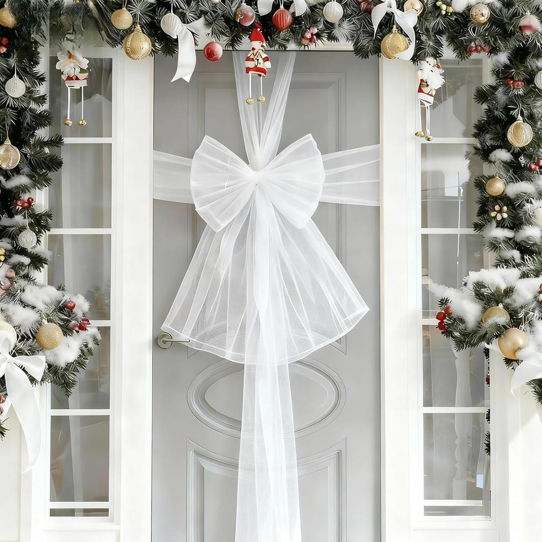 Christmas Cabinet Door Ribbon Bow Large Christmas Door Bow Decoration Xmas Tree Organza Bows Festival Wrapping Decorations for Front Doors Fireplace Wreath Home Holiday Birthday Party Supplies (White)