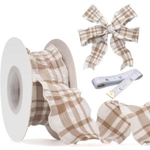 Brown Gingham Ribbon, 1.5 Inch x 10 Yards Plaid Ribbon Ruffled Edge Polyester Fabric for Wedding Invitations Bridal Bouquets Party Decoration Gift Wrapping Bow Making Ribbons (Brown and White)
