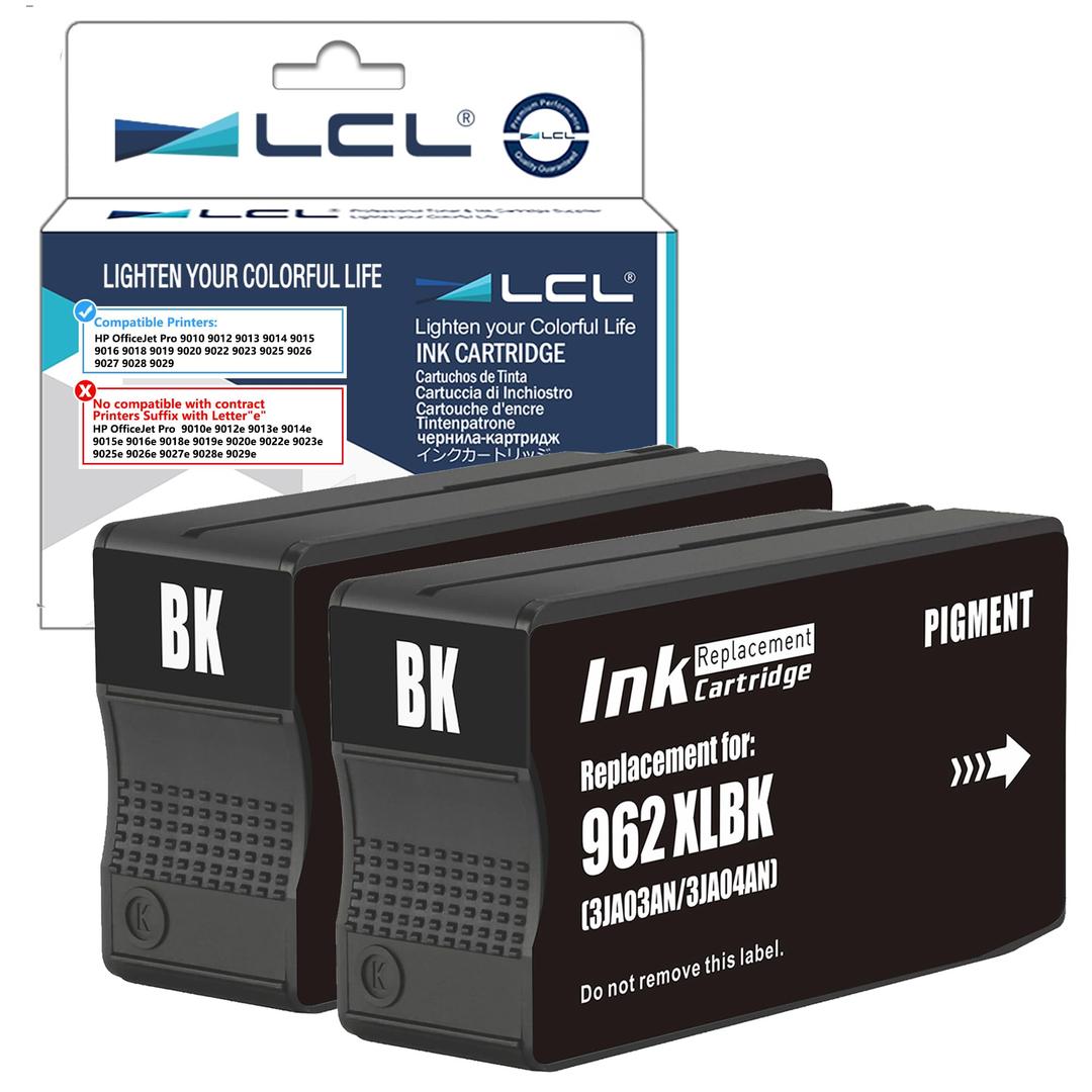 LCL 962XL Black Ink Cartridges Pigment Replacement for HP 962 XL Ink for HP OfficeJet Pro 9010 9012 9013 9014 9015 9016 9018 9019 9020 9022 9023 9025 9026 9027 9028 9029 (2-Pack)