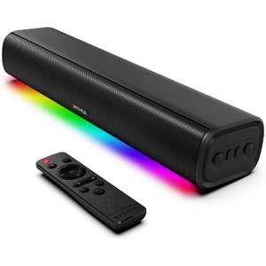 Sound Bars for TV 16-inch, Cinematic Soundbar for TV with Impactful Bass, Dynamic Lights and Remote Control, Wall Mountable, Bluetooth TV Sound Bar Speakers with Bluetooth/Optical/AUX Connection