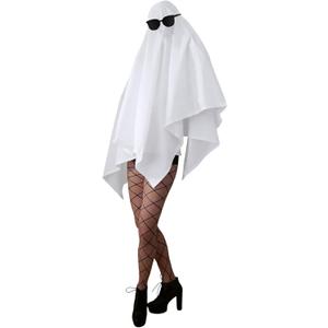 Ghost Halloween Costume Women Adult White Ghost Poncho Glasses Fishnet Stockings for Halloween Cosplay Party