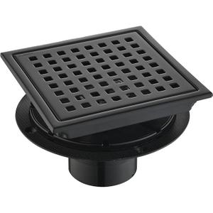 6 Inch Square Shower Drain with Flange,Matte Black，Quadrato Pattern Grate Removable,Food-Grade SUS 304 Stainless Steel，with Hair Strainer