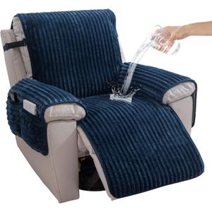 HAOMAIJIA Faux Fur Recliner Chair Covers Non-Slip Waterproof Recliner Covers That Stay in Place Warm Thick Lazy Boy Recliner Cover for Dogs Furniture Protector Pet Friendly (Navy Blue, 28'')