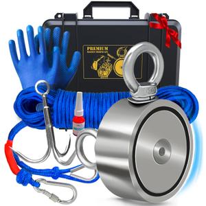 1200 LB Magnet Fishing Kit with Case - 2 Fishing Magnets in 1 (Double Sided Magnet) - with Grappling Hook, Heavy Duty 65FT Rope, Gloves, Carabiner and Foldable Bucket.