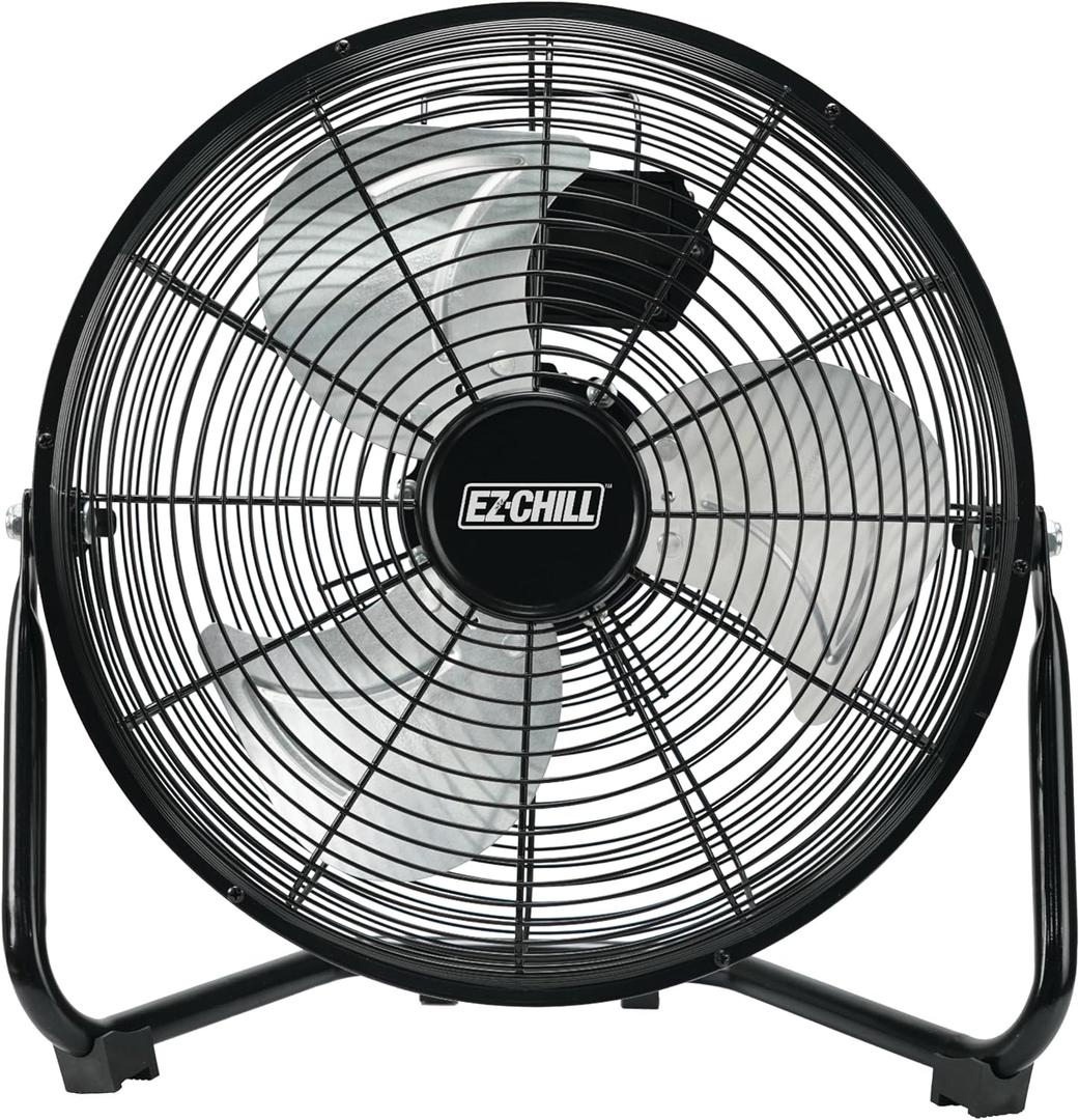 EZ-CHILL 12 Cradle Floor Fan, 3 Speed, High Velocity, 180 Degree Adjustable Tilt, All-Metal, Carry Handle, Rubber Feet, Airflow 15.42 ft/sec, Ideal for Home, Bedroom & Office, Black