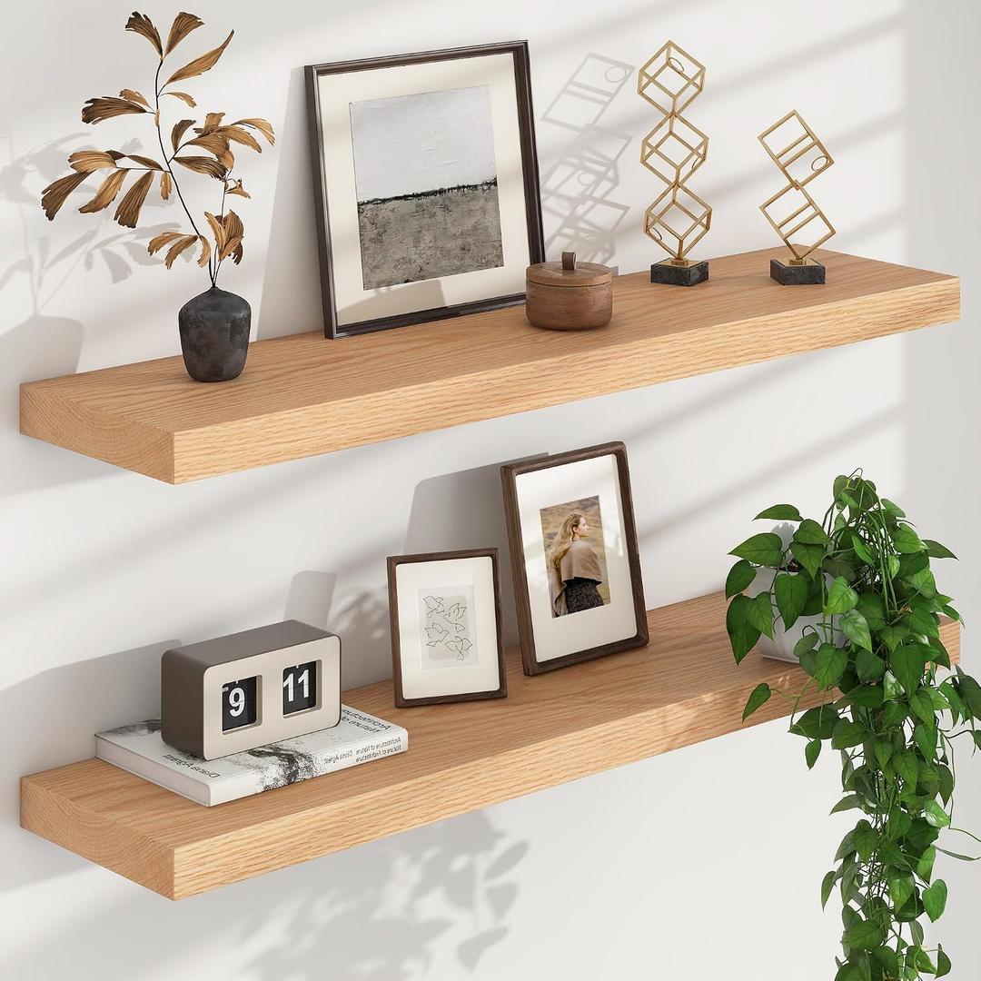 FLYJOE Floating Shelves for Wall, USA-Sourced Oak Wood 36 Inch Long Wall Shelves Set of 2, Natural Wooden Wall Mounted Picture Ledge Shelf, Nursery Book Storage Shelf Kids Bookshelf, Display Shelf