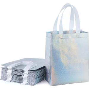 WRAPAHOLIC 12 Pack Reusable Iridescent Silver Gift Bag with Handles - Medium Size 8 x 4 x 10 inch - Perfect for Birthday Gift Bags, Shopping Bag, Goodie Bags, Party Favor Bags