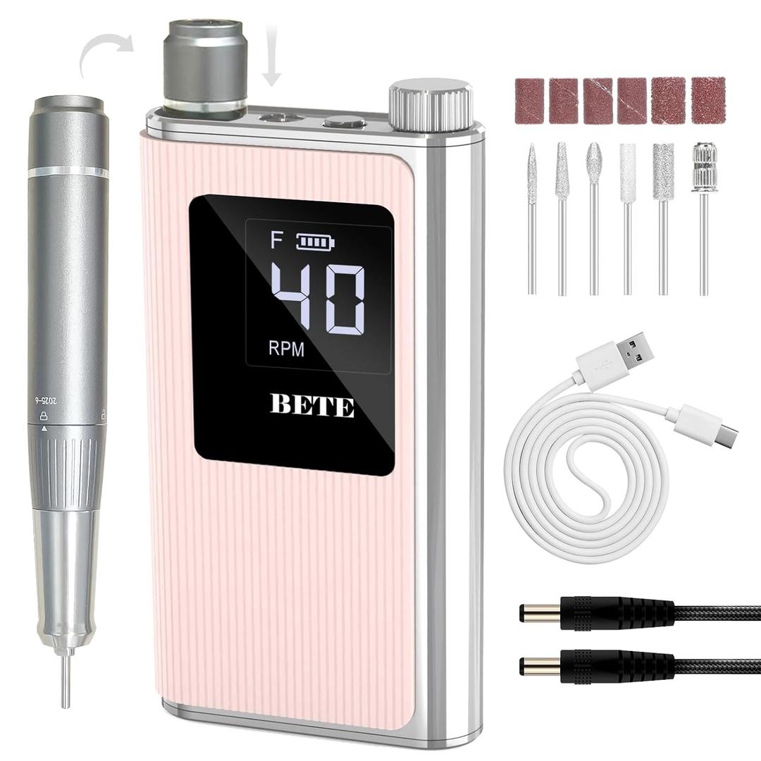 BETE Professional Nail Drill, 40000 RPM Cordless Electric Nail File Kit with 6 Bits, Rechargeable Efile for Acrylic Gel Nails Polishing, Manicure Tools for Salon Home Use, Pink