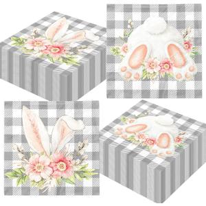 48Pcs Happy Easter Napkins Paper with Cute Bunny Flower and Gray Gingham, Easter Party Supplies Disposable Bunny Luncheon Napkins for Spring Holiday Birthday Party Baby Shower Dinner Kitchen Bathroom