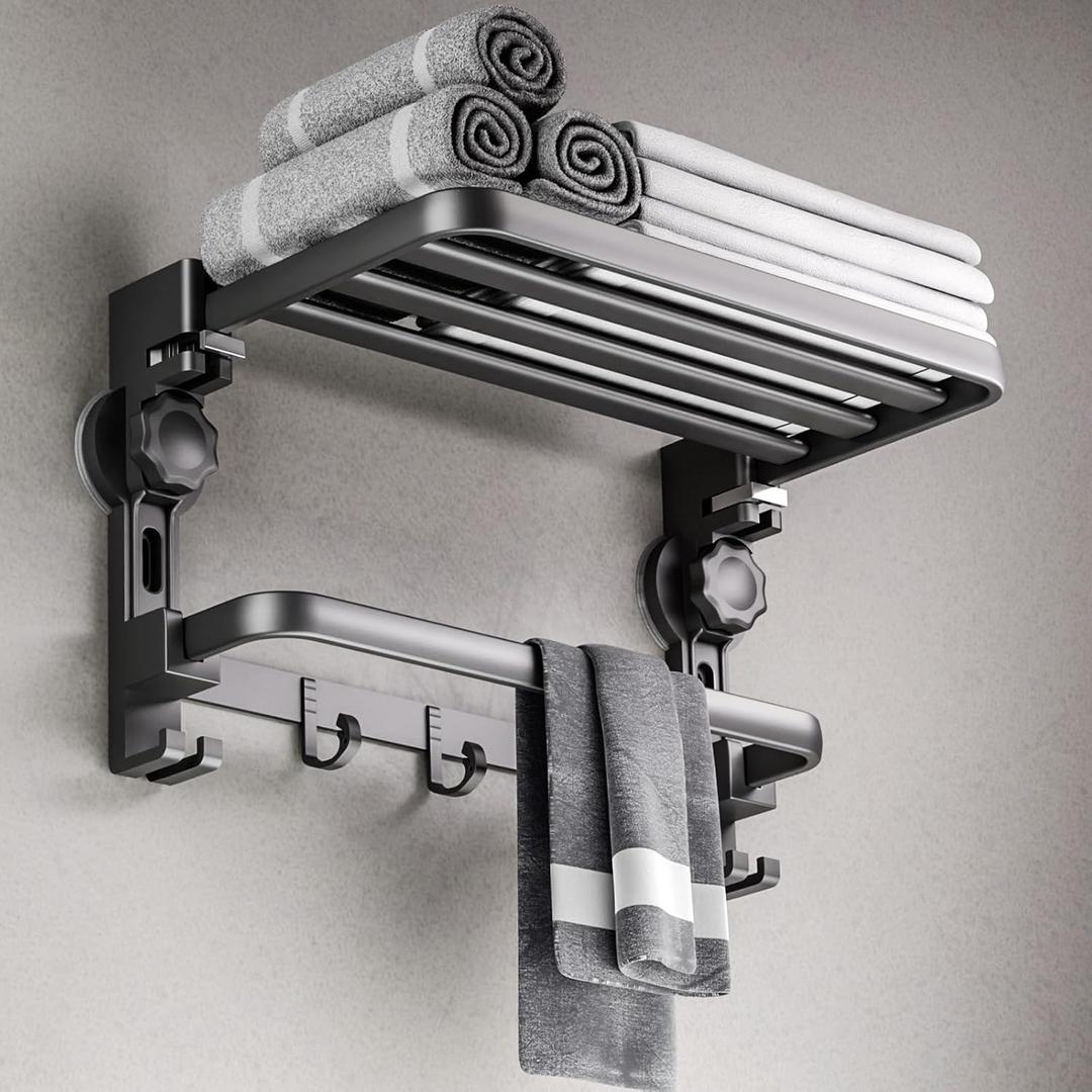 Towel Rack with Towel Bar Holder Suction Cup Foldable Towel Shelf No Drill with 7 Hooks Rustproof Towel Storage Wall Mount for Bathroom Lavatory Matte Black 20 Inch