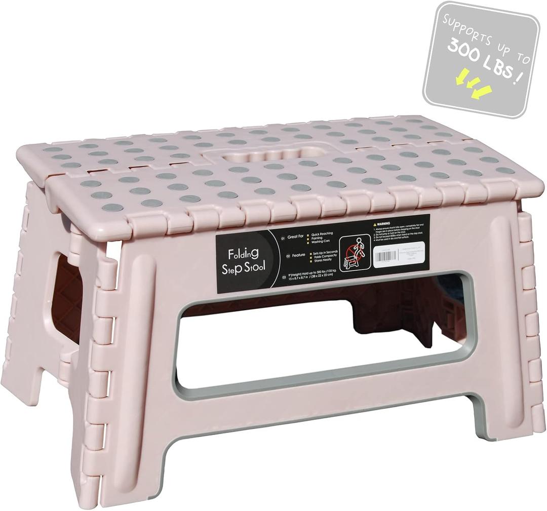 Folding Step Stool - 9" Height - Holds up 300 Lbs Lightweight Foldable Stepping Stool is Sturdy Enough to Support Adults & Safe Enough for Kids. Skid Resistant and Open with one flip (Dusty Pink)