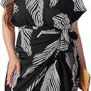 Women's Plus Size Leaf Print Dress V Neck Wrap Tie Side Short Sleeve Boho Short Dress, Oversized, Size 4XL