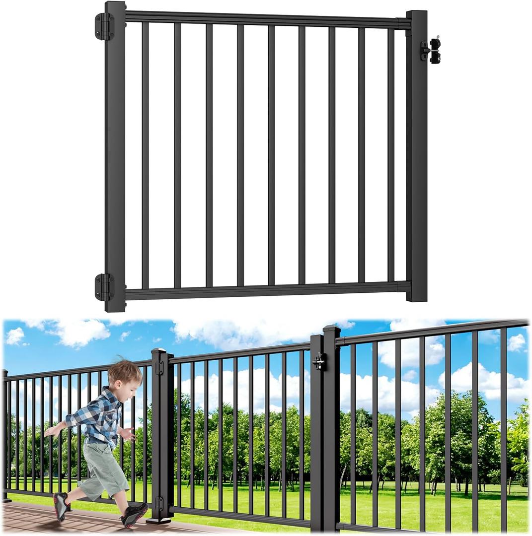 4 ft. W Aluminum Deck Gate Kit for 42in. H Railing, Cuttable Black Textured Powder-Coat Finish Outdoor Gate Kit with Latch and Auto-Closing Hinge for Deck, Patio, Garden, Yard, Porch