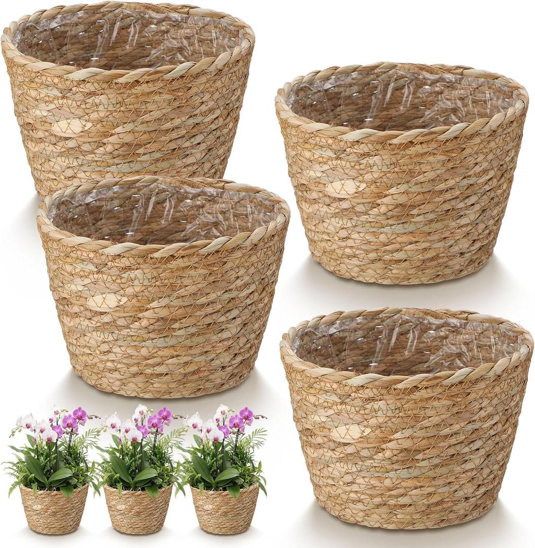 4 Pcs Straw Plant Baskets Indoor Rattan Woven Flower Baskets with Plastic Liner, Cattail Plant Planter for Indoor Outdoor Rustic Boho Home Farmhouse Floor Potted Pots Decor,  S(6.3" Top D X 4.3" Bottom D X 4.3"h)