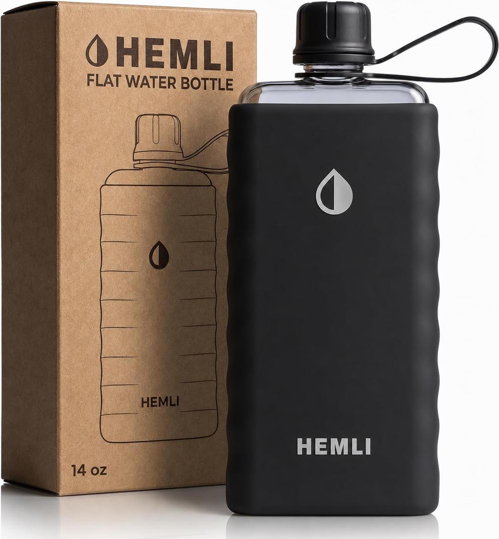 Tritan Flat Water Bottle with SIlicone Case, Square Water Bottle For Travel, Bags, and Purses, Slim Lightweight Leakproof (Black, 14 oz)