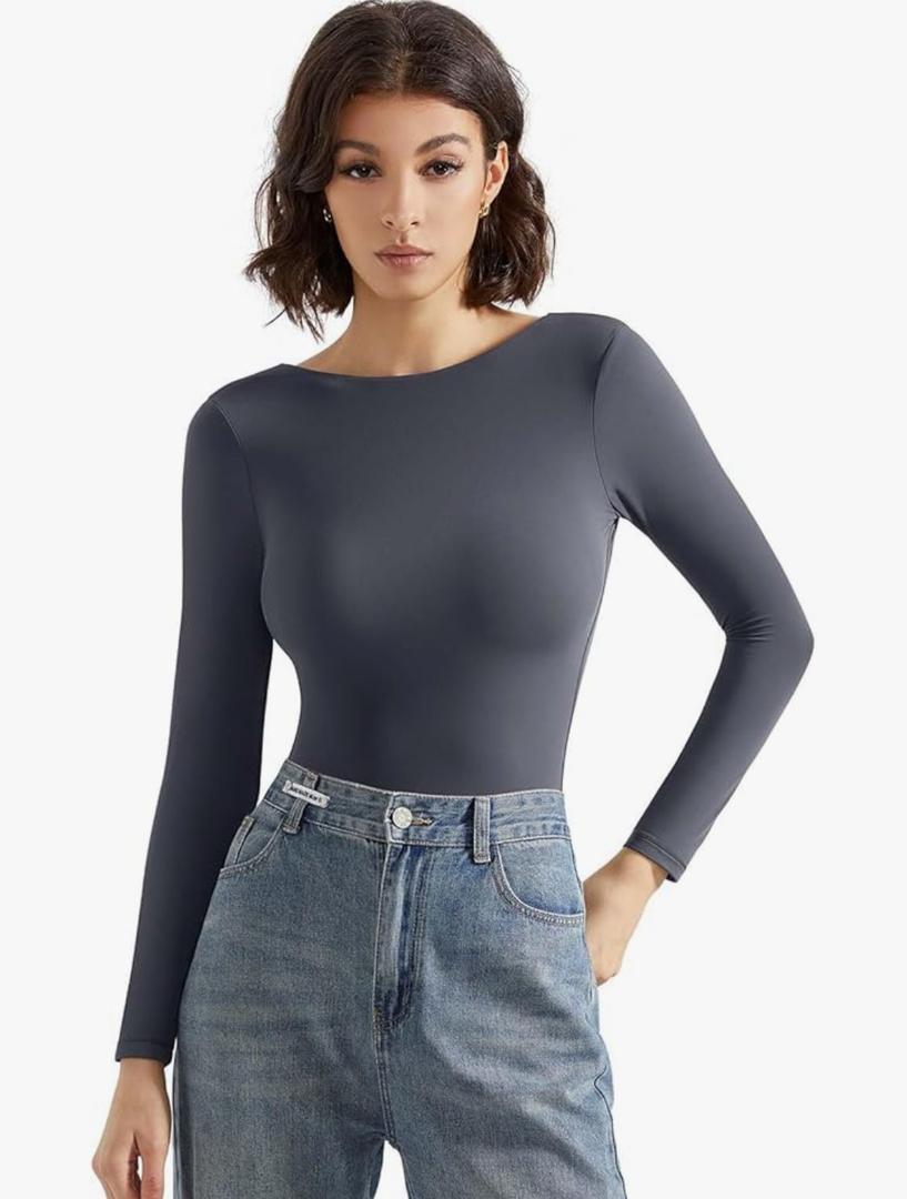 SUUKSESS Women Backless Y2k Long Sleeve Bodysuit Double Lined Open Back Sexy Basic Top XS