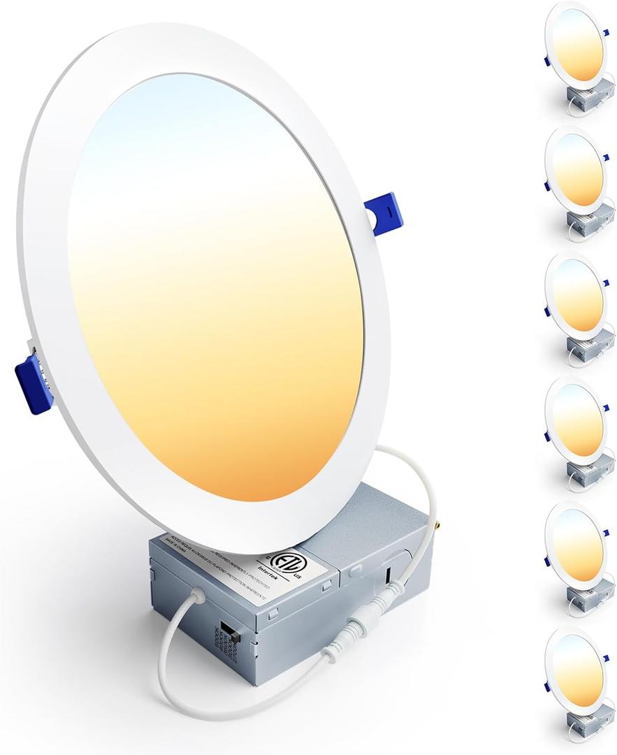 Ensenior 6 Pack 8 Inch LED Recessed Light, Dimmable, 2700K-5000K 5CCT, 1600LM High Brightness, 18W 120V, Damp Rated, Ultra-Thin Canless Wafer Light - ETL & FCC & IC (5000k/4000k/3500k/3000k/2700k - 5cct White)