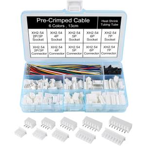 XH 2.54mm Connector Socket Kit and Pre-Crimped Cable Wire 2Pin 3 Pin 4 Pin 5 Pin 6 Pin 7Pin Housing JST Adapter Male and Female Cable Connectors and Heat Shrinkable Tube