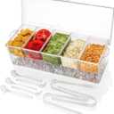 Ice Chilled 5 Compartment Condiment Server Caddy | Fruit Serving Tray | Condiment Pots with 5 Removable Dishes Over 2 Cup Capacity Each and Hinged Lid