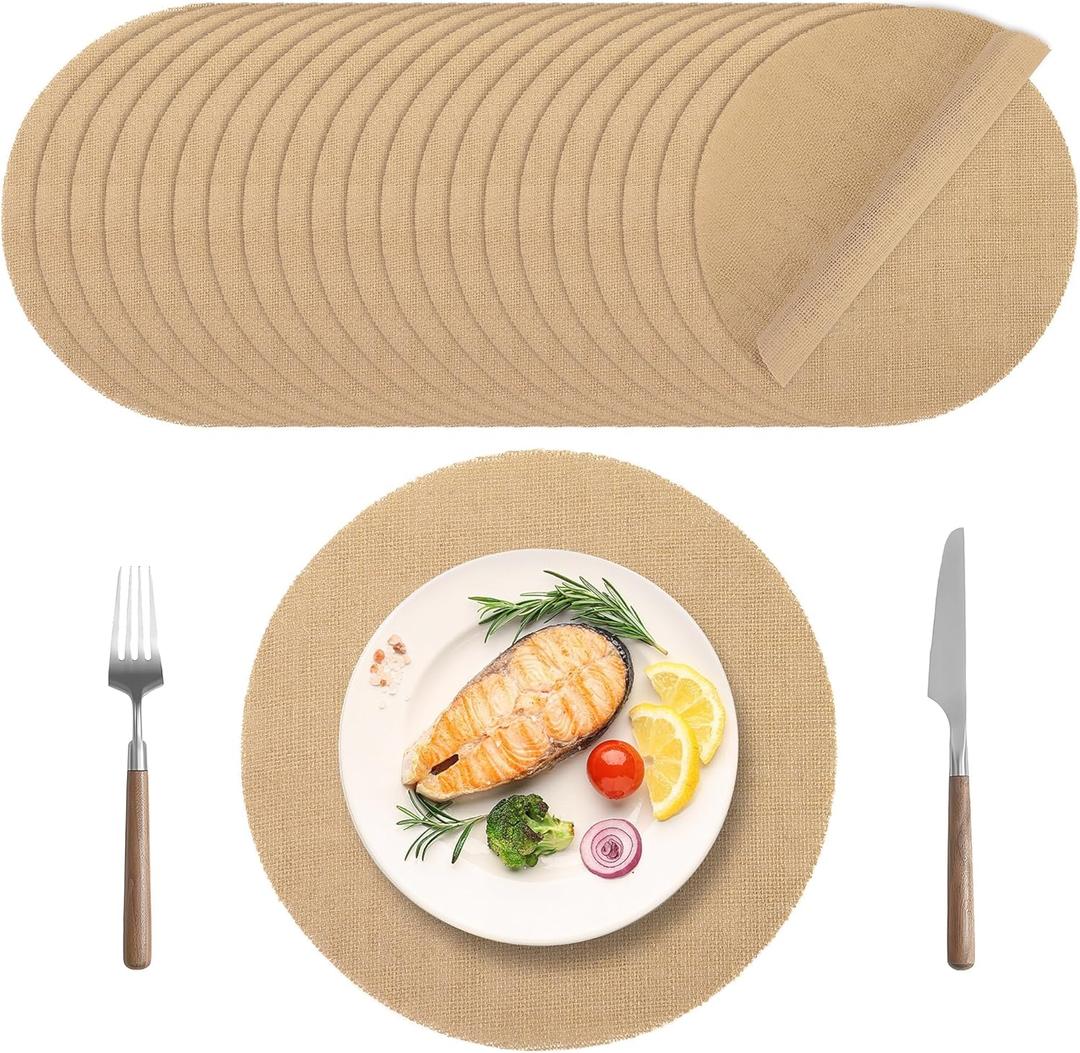 Kochorie 25 Pieces Burlap Placemats 11.8 Inch Round Reusable Brown Table Mats Natural Jute Fibers Placemats Bulk Circle Rustic Table Decorations for Dining Wedding Holiday Farmhouse Supplies