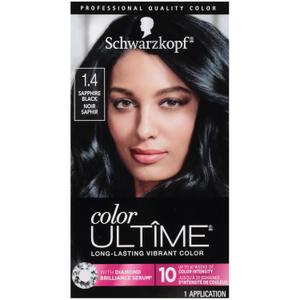 Schwarzkopf Color Ultime Hair Color, 1.4 Sapphire Black, 1 Application - Permanent Black Hair Dye for Vivid Color Intensity and Fade-Resistant Shine up to 10 Weeks