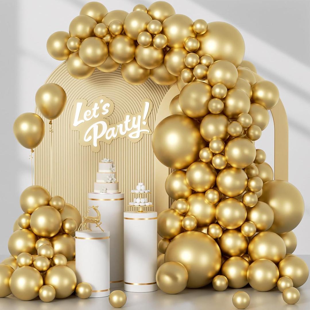 120pcs Metallic Gold Balloon Arch Kit, 18 12 10 5 inch Chrome Gold Latex Balloons Different Sizes Metallic Gold Balloon Garland for Graduation Engagement Wedding Birthday Party Decorations