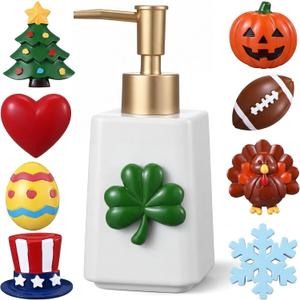Gejoy St. Patrick's Day Easter Seasonal Soap Dispenser Magnetic Interchangeable Set - Ceramic Hand Soap Dispenser with 9 Seasonal Resin Ornaments & Magnetic Pads-Festive Bathroom & Kitchen Dec(Gold)