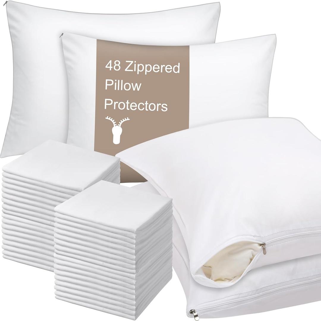 Shimeyao 24 Pcs 20 x 40 Inch Zippered Pillow Protectors Bulk, Standard Size Bedding Pillow Cases, Soft Breathable Cotton Sateen Dust Protection Covers White Protectors for Home Hotel Rental