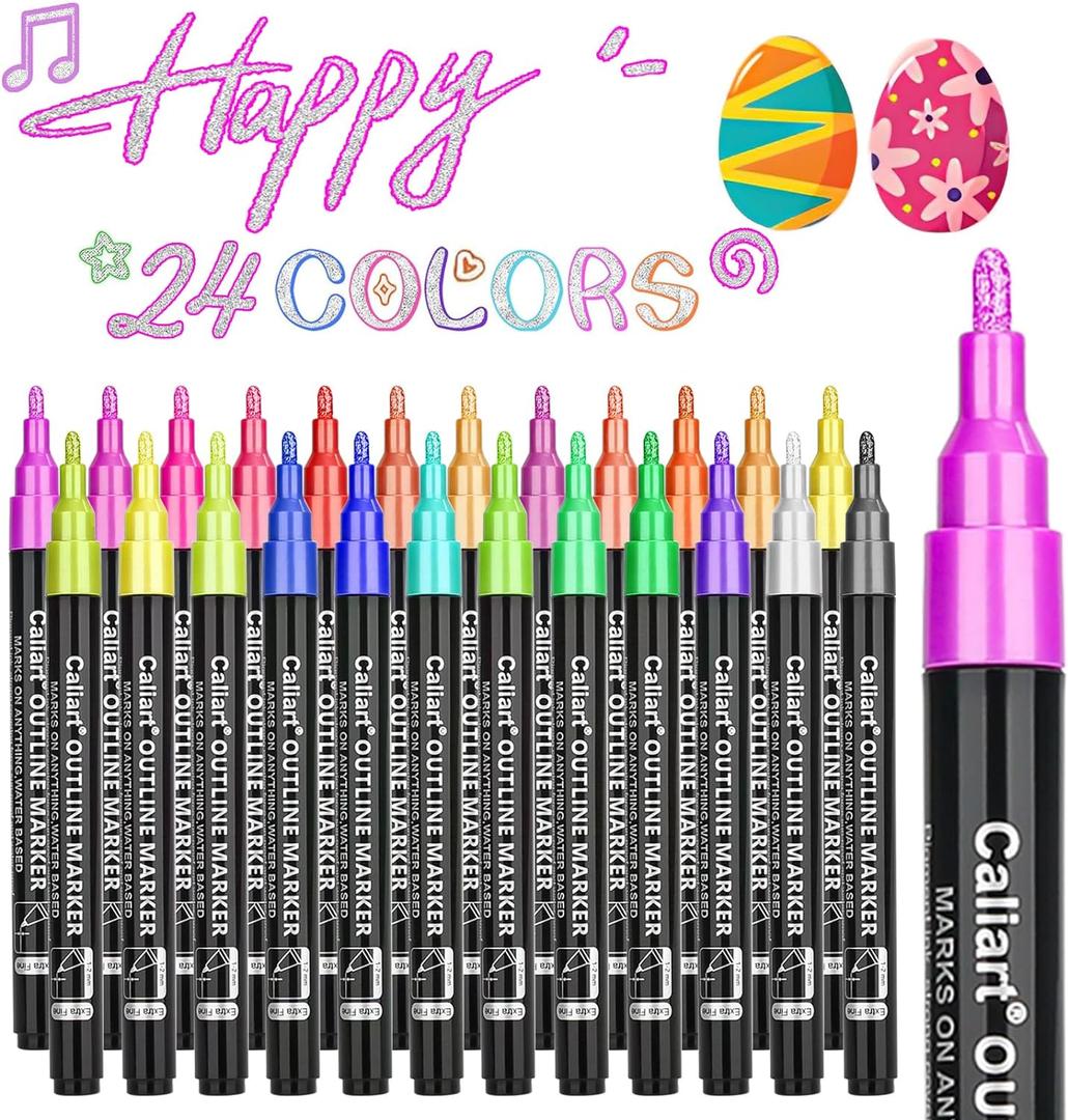 Caliart Easter Basket Essentials, 24-Color Shimmer Outline Markers, Easter Basket Stuffers-Teen Girl Gifts Trendy Stuff, Glitter Pens Set Classroom Art Supplies for 4-6-8-10-12 Year Old Kids (24 Colors)