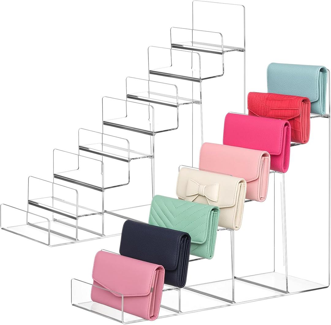 Kathfly 2 Pack 8-Tier Acrylic Wallet Display Stand Clear Purse & Handbag Organizer Riser Shelf for Perfume, Sunglasses, Cosmetics, Jewelry Vendor Display for Craft Fairs, Retail