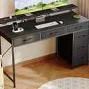 Huuger Gaming Desk with 6 Drawers, Computer Desk with LED Lights Power Outlets and Type-C, 47 Inch Office Desk with Storage, Monitor Stand, Writing Desk Work Desk Home Office, Bedroom, Study, Black